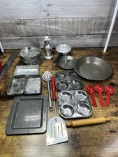 Vintage lot play bake ware metal aluminum pots pans muffin tin ARGO and More