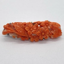 Natural Coral Hair Clip Barrette Accessory Red Orange Coral Flower Vintage 7.1g