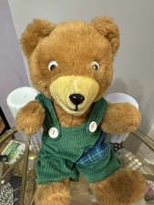 Vintage Plush Teddy Bear with Green Corduroy Overalls