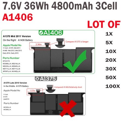  LOT 100X A1495 A1406 Battery For Apple Macbook Air 11'' A1465 A1370 (2011-2015)