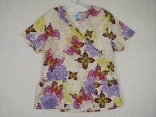 SB Scrubs Medium Ivory Butterfly Print V-Neck Pockets Scrub Top