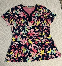 Healing Hands Premiere Scrub Top, Dark Navy Background, Colorful Print, Medium