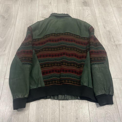 Vintage 90s Aztec Navajo Leather Bomber Jacket Green geometric mens 2XL - Picture 2 of 10