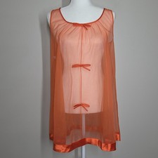 Vtg 50s Vanity Fair Orange Sheer Chiffon Nylon Babydoll Nightgown Bows XS Pinup