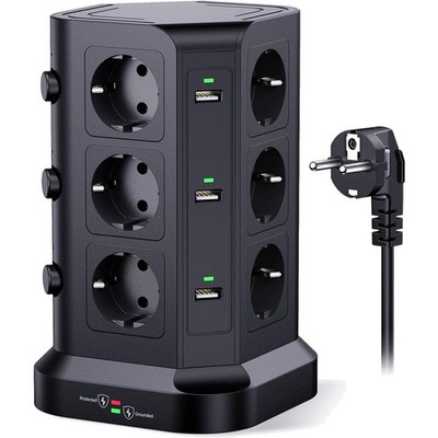 Steckdosenleiste, 12 Fach, USB, Überspannungsschutz, 2M Kabel, Schwarz