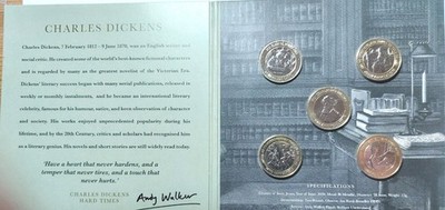 Sammlung von 5 Stempelglanz Charles Dickens 2 Pfund Münzen, jede der Geschichten.  Neu.