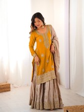 Presenting Chinon Silk Yellow Top Palazzo With Dupatta For Festival Wear