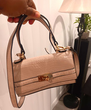 Beige Croc Embossed Faux Leather Small Top Handle Zip Crossbody, Detachable