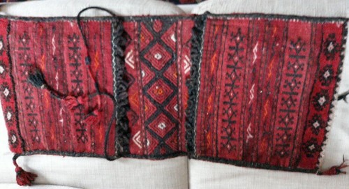 antique Turkish Oriental saddle bag rug 33"x 15" wool and hand woven