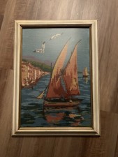 Sailboat Needlepoint Framed 1970s Seagulls