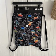 Hurley Black Toucan Beach Pool Gym Wet + Dry Sack Drawstring Bag NEW