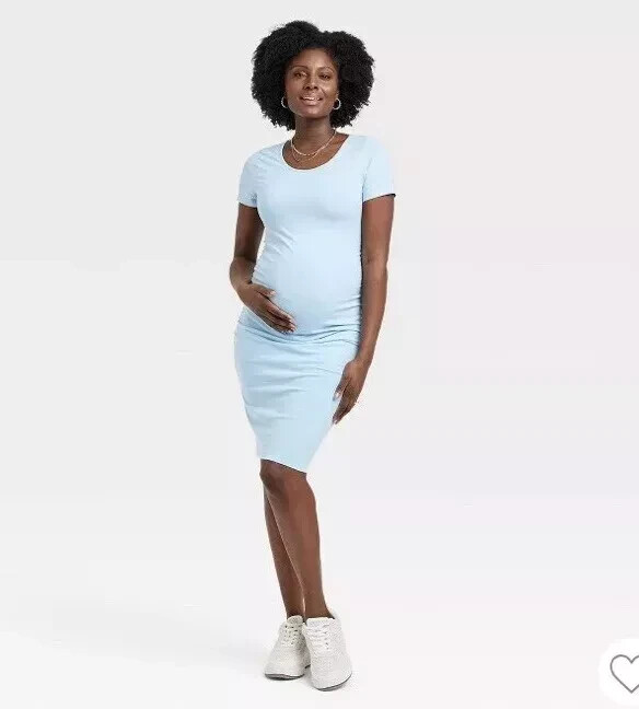 ISABEL MATERNITY SIZE M LIGHT BLUE SHORT SLEEVE RUCHED BODYCON STRETCH DRESS  | eBay