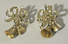 Gold Tone Christmas Bells with Bow Pierced Post Dangle Earrings