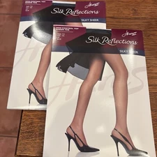 2 Hanes Silky Reflections Non-Control Top Pantyhose Sheer Toe Size CD Jet Black