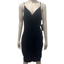Aqua Black Faux Wrap Party Cocktail Dress Velvet Size M V-neck LBD Glam
