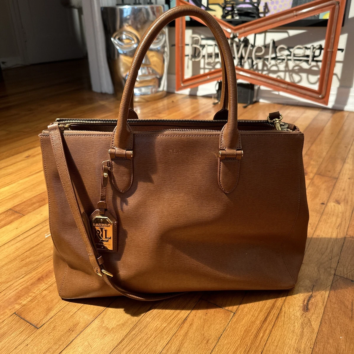 Ralph Lauren Newbury Double Zip Satchel Shoulder Bag Large Brown