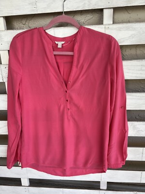 Esprit Ladies Pink Blouse Tunic Long Roll Tab Sleeve V Neck Size S