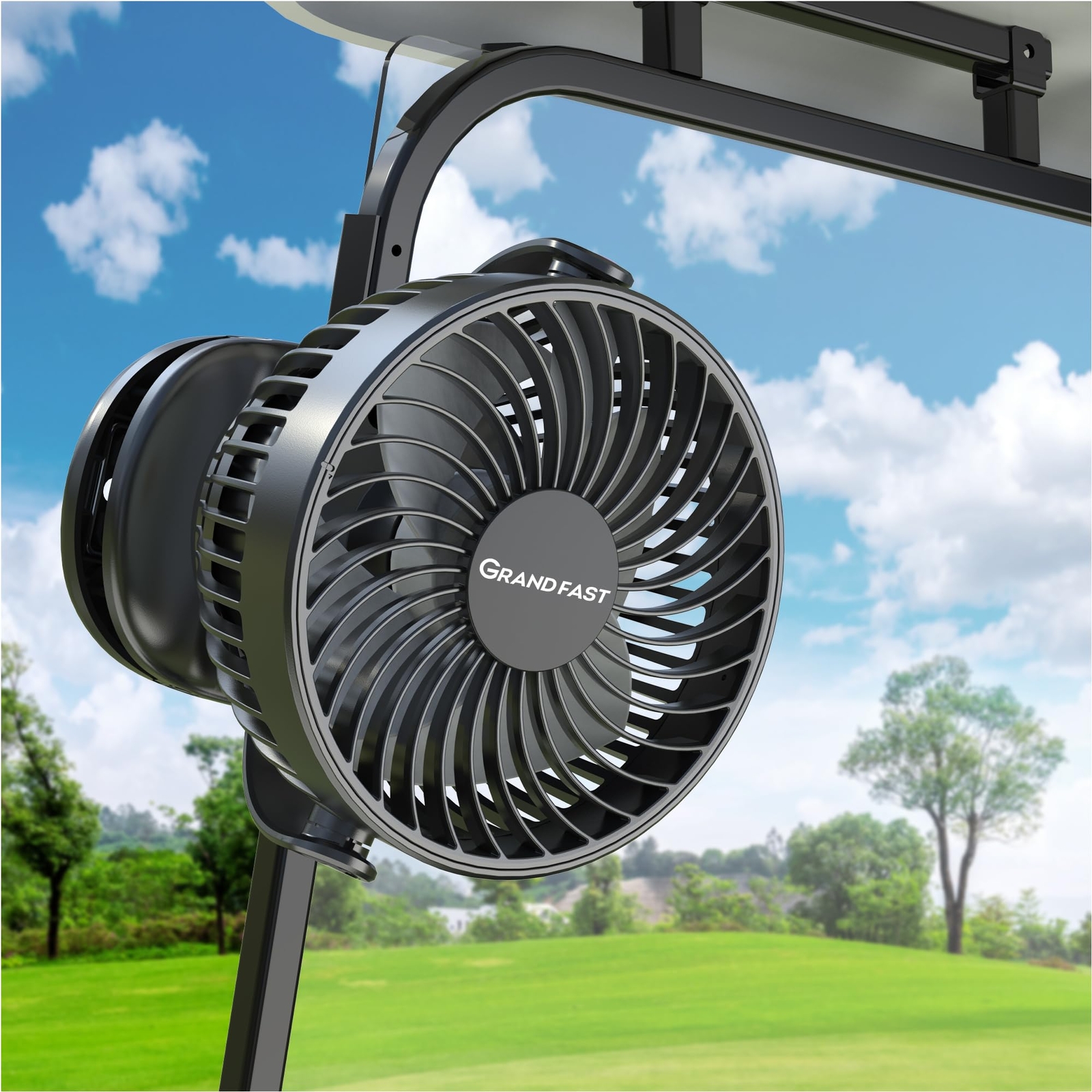 Rechargeable 360° Pivot Golf Cart Fan with 4 Speeds and 13-Hour Battery Life
