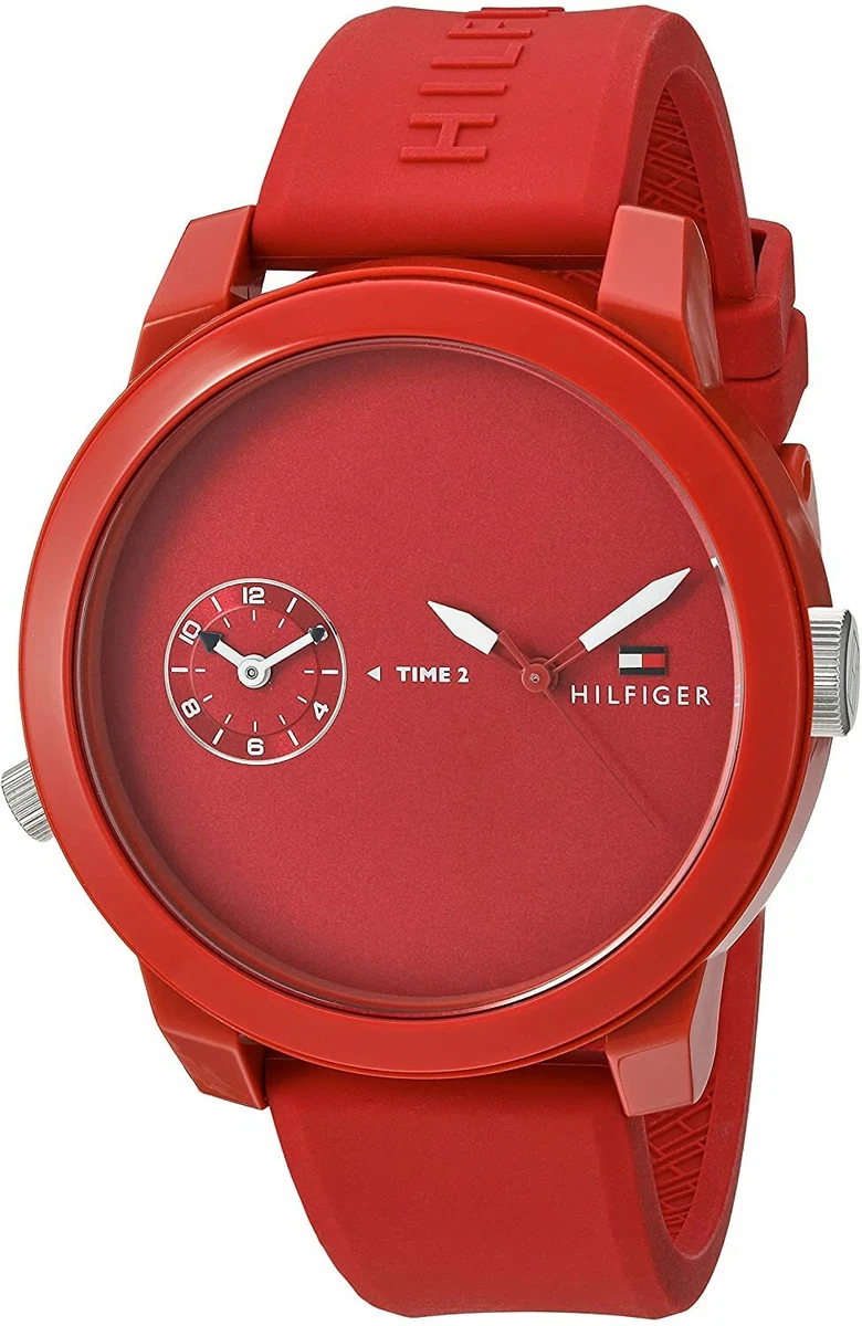 NEW TOMMY HILFIGER SPORT RED,RED SILICONE LOGO BAND,DIGI-ANALOG WATCH #  1791323