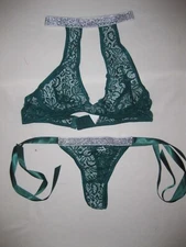 Shein sheer lace metallic decor halter bralette & thong panties set S-XL green