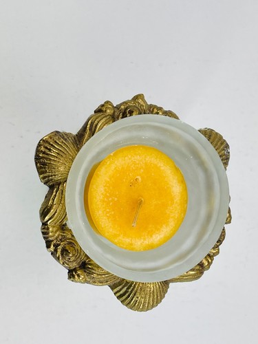 Vintage Beach Nautical Seashell Brass Crackle Glass Candle Holder Votive 4.75"T - Picture 9 of 10