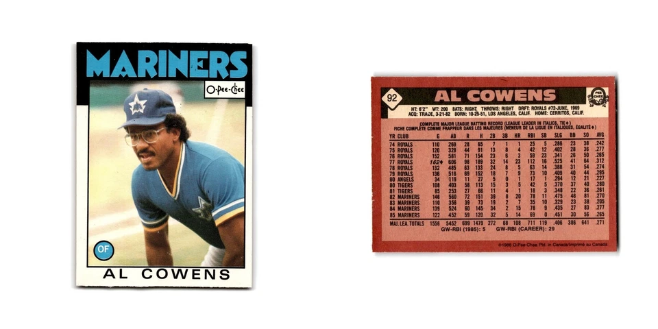Al Cowens 1986 O-Pee-Chee #92 Seattle Mariners Baseball Card NM - Image 3 of 3