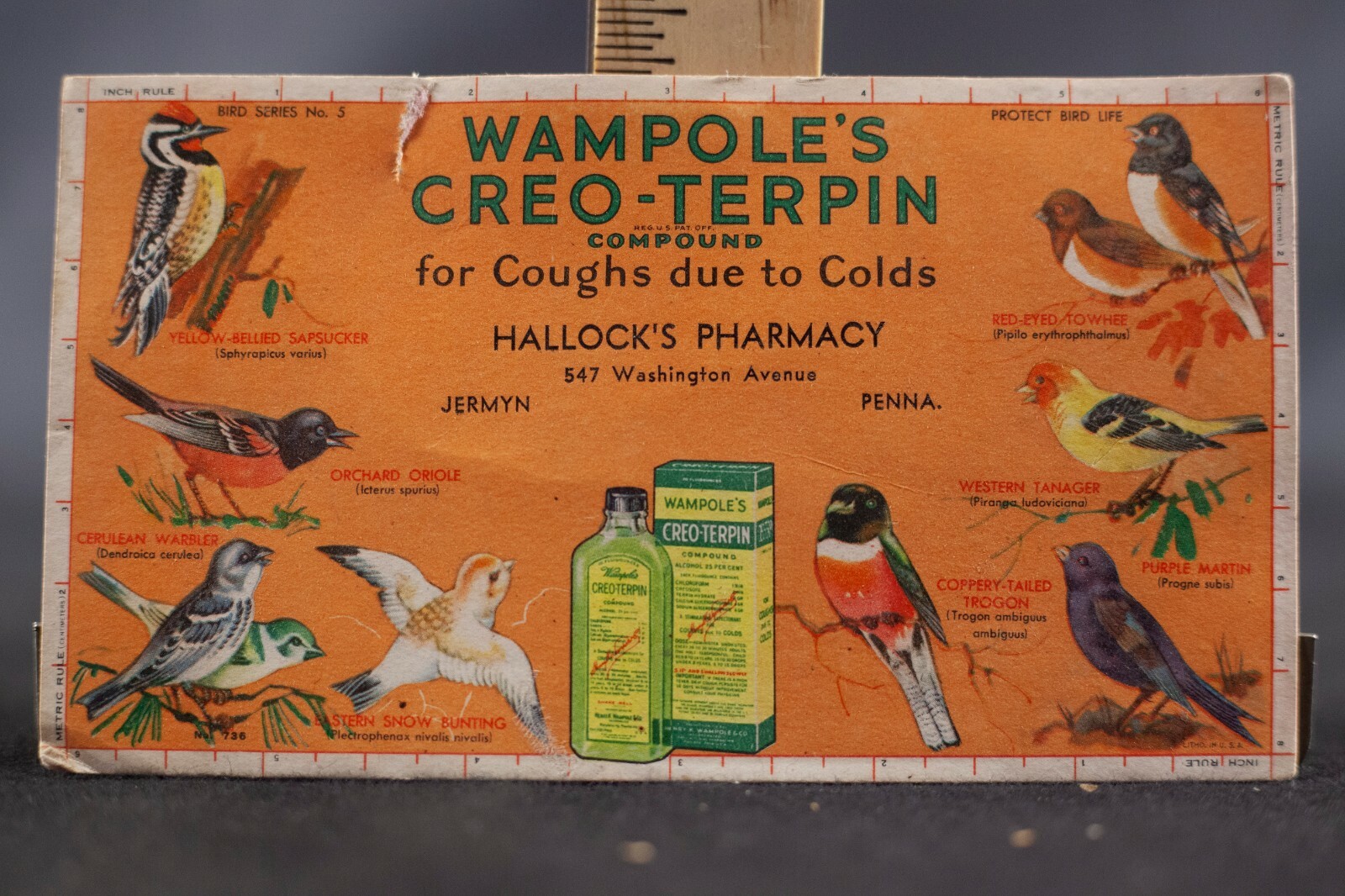 Hallock's Pharmacy Advertising Blotter Card, Wampoles CreoTerpin Cough
