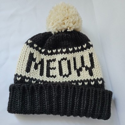 MEOW Knit Pom Pom Beanie Hat Black Ivory Cat Lover Winter Cuffed One Size