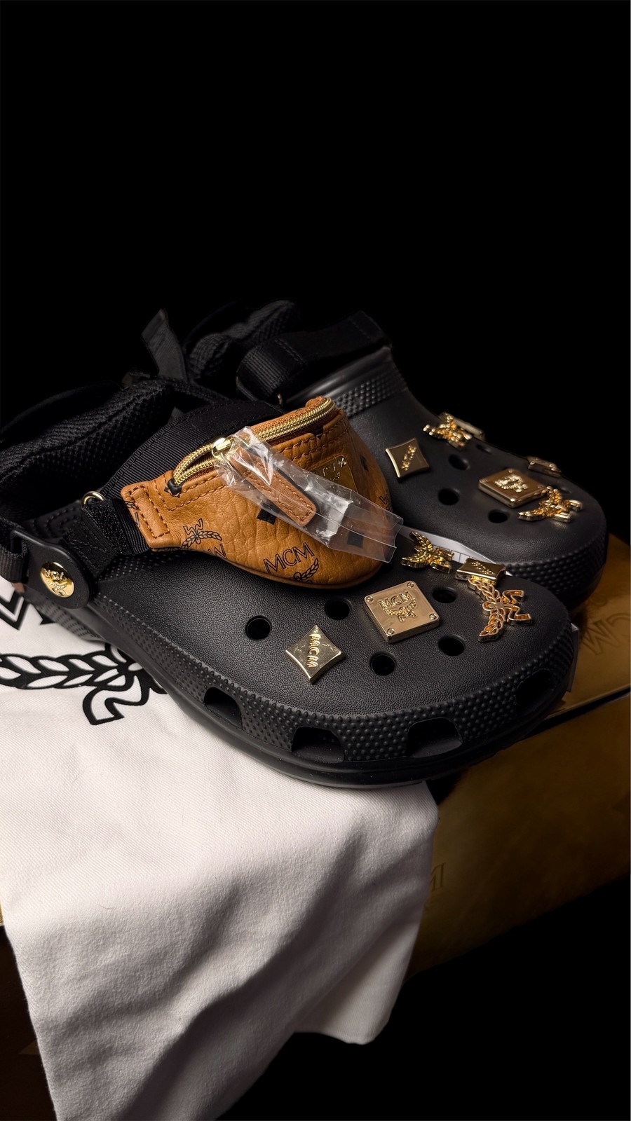 MCM x Crocs Mega Crush Clog Black Gold Studded Belt Bag Unisex image 3