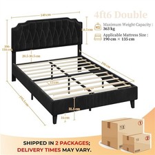 Double Upholstered Bed Frame with Adjustable Tufted Velvet Headboard, Black