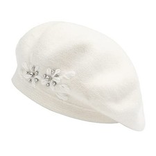  Womens French Beret hat, Reversible Solid Color Cashmere Mosaic Flowers White