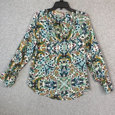 Belle & Sky Top Women's M Blue Green Paisley Silky Long Sleeve Ruffled Tunic