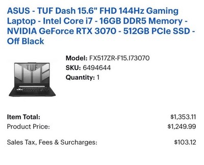 ASUS TUF Dash F15 15.6  Gaming Laptop i7 RTX 3070 16GB RAM 512GB SSD