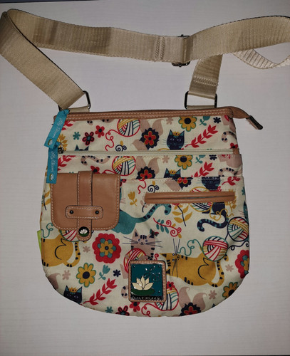 LILLY BLOOM Cross Body Purse Triple Zipper - Cats Floral Multicolor