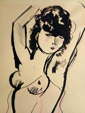 A. Dignimont  - Nu au chignon -  Dessin original gouache et  crayons de couleur