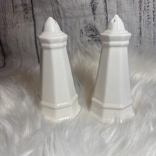 Vintage 6 Inch Tall White Ceramic Lighthouse Salt and Pepper Shakers