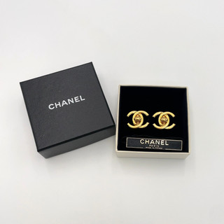 Auth Chanel Turn lock Coco GP Earrings 97P engraved W/Box BA100087