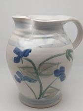 Handmade Pottery Pitcher Jug Blue Floral Painted Stoneware Vase Rustic Deco Sign