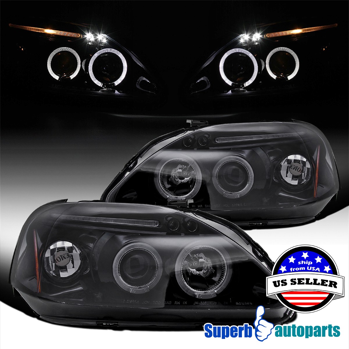 Smoke Black LED Halo Projector Headlights For 1999-2000 Honda Civic