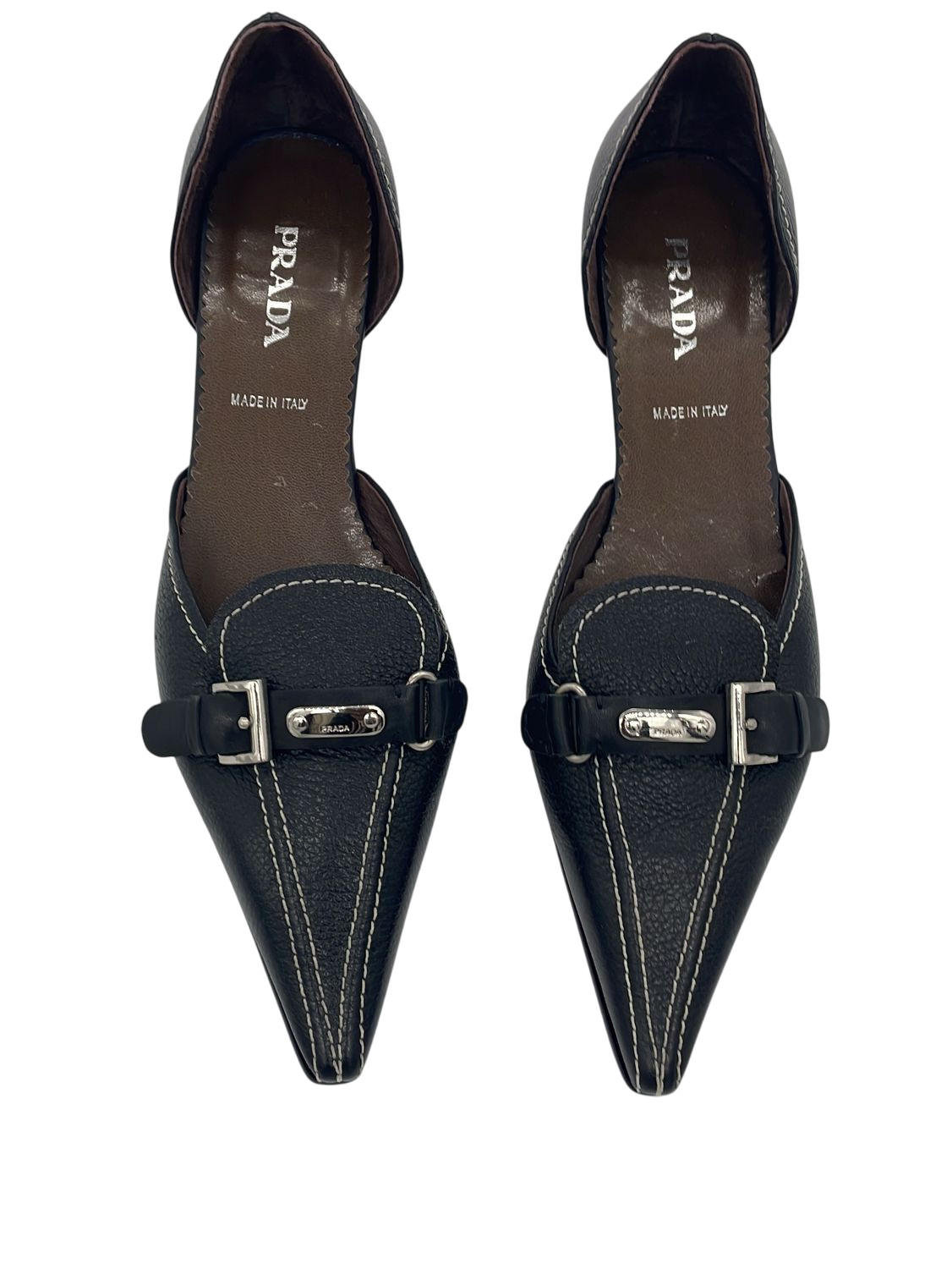 Prada Cuero D'Orsay Gatito Tacones Negro Talla EU 37 Punta Punta Hebilla Detalle