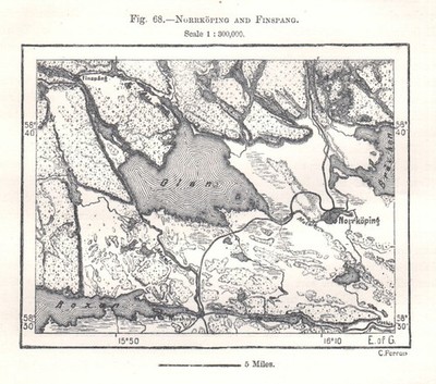 Norrköping and Finspang. Glan Roxen. Sweden. Sketch map 1885 old antique