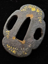 Unsigned Iron Tsuba Tsuzumi Pattern with Clove Inlay Antique Edo Ready to use