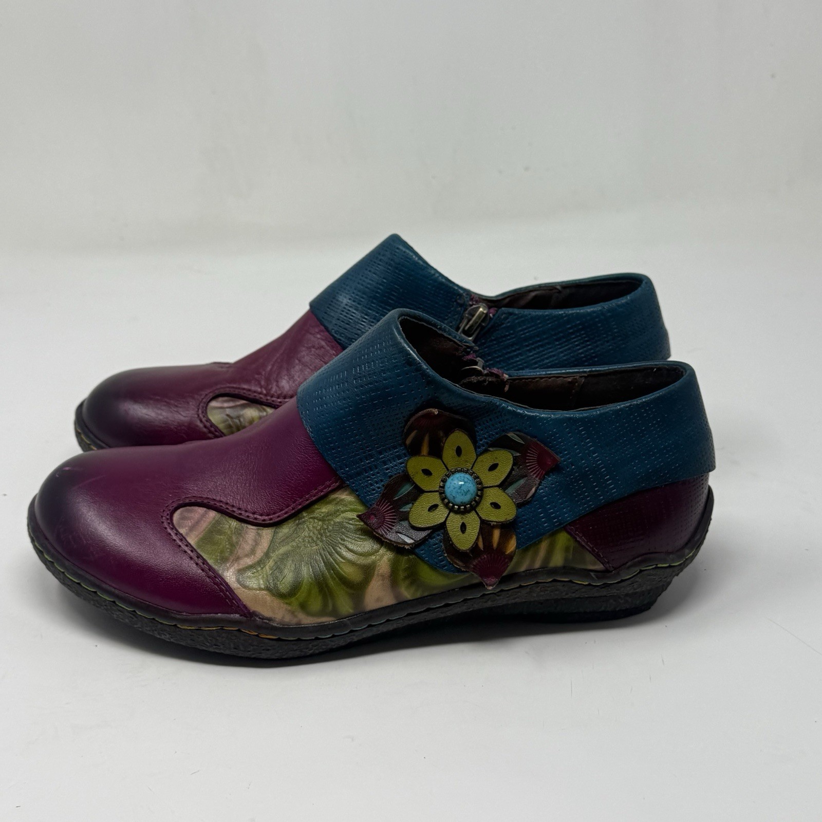 Socofy Vicconfy Shoes Womens 8 - 8.5 Purple Teal Leather  Floral Side Zip Boho