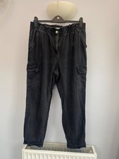 Papaya Washed Black Denim Paperbag Cargo Trousers Loose Fit Jeans, Size 14