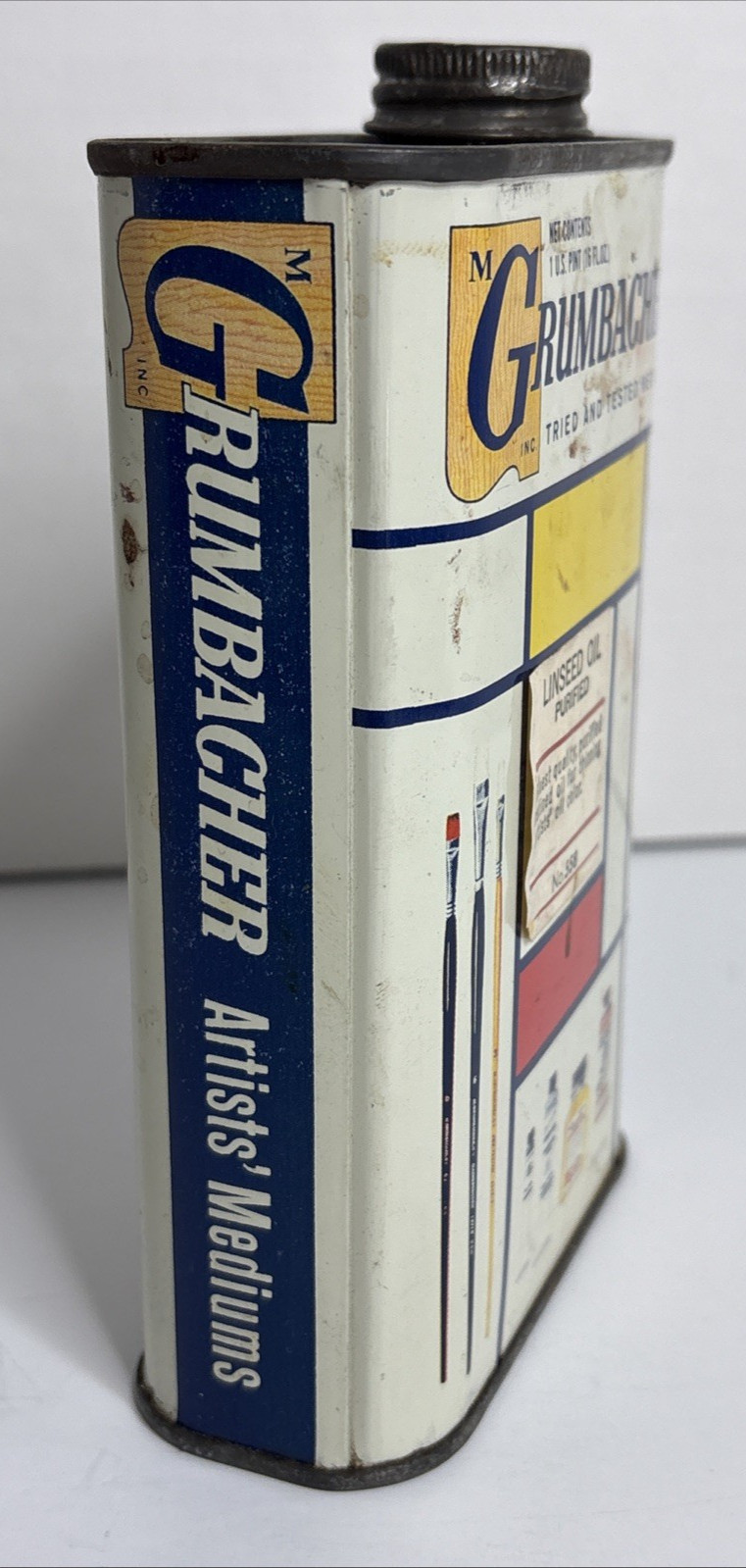 Vtg Grumbacher Artist Quality Linseed Oil No. 558 16oz Metal Tin Can w/Part. Oil