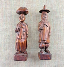 Hand-Carved Wood Figurine Pair | Vintage Asian Elders | Rustic Folk Art Sculptur