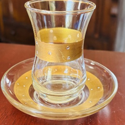Turkish Tea Glasses & Saucers Set 2 Gold Trim Tulip