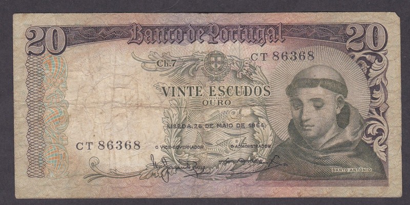 [CIR, No Tears or Holes] 1964 Portugal 20 Escudos CT86368 [0215]