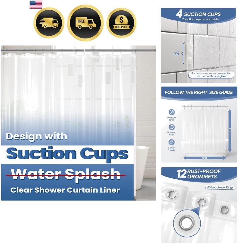 Clear Shower Curtain Liner with Suction Cups, 72x72, Lightweight