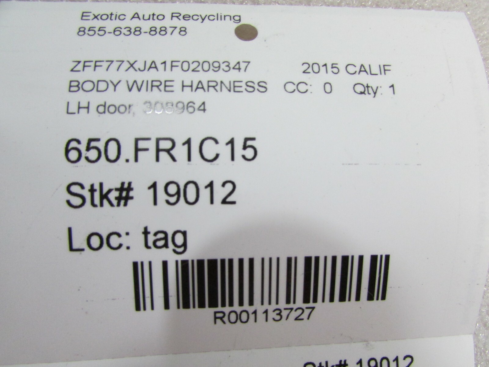 Ferrari California T, LH, Left Door Body Wire, Used, P/N 308964